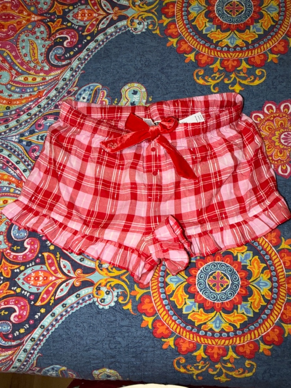 PINK Victoria's Secret Red and Light Pink Plaid Ruffle Lounge Shorts
